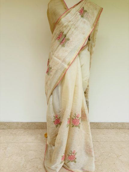 Tissue embroidery & cross stitch floral saree