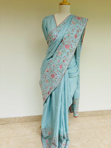 Tussar silk saree with floral embroidery